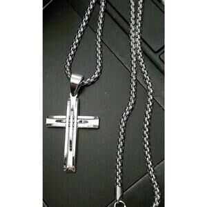 NEW Mens Silver Polished Stainless Steel Cross Pendant 56mm w Chain Necklace Set